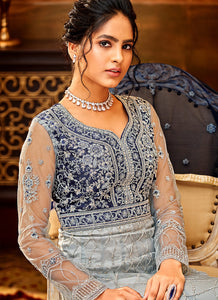 Grey and Blue Heavy Embroidered Anarkali Suit