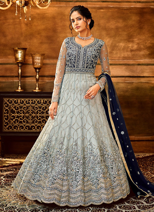 Grey and Blue Heavy Embroidered Anarkali Suit