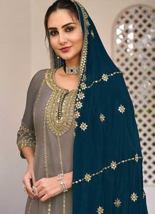 Grey and Blue Heavy Embroidered Sharara Suit fashionandstylish.myshopify.com