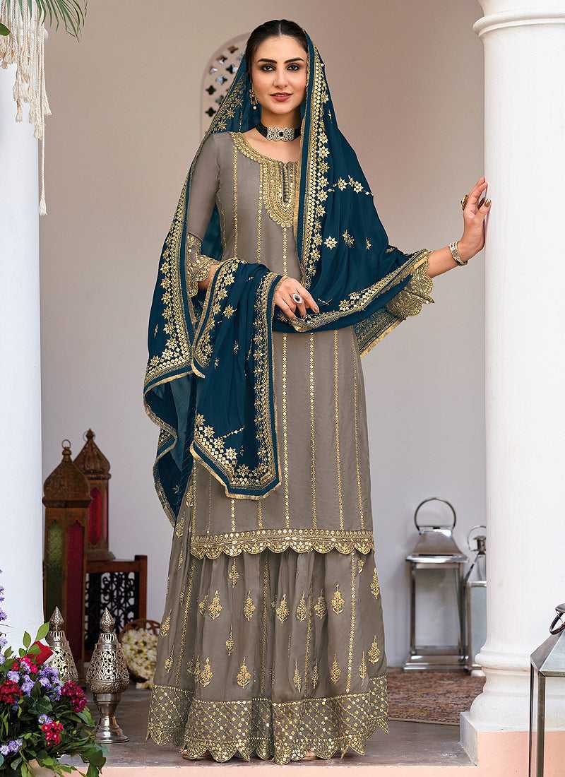Grey and Blue Heavy Embroidered Sharara Suit (Indian Clothing)  Fashneo