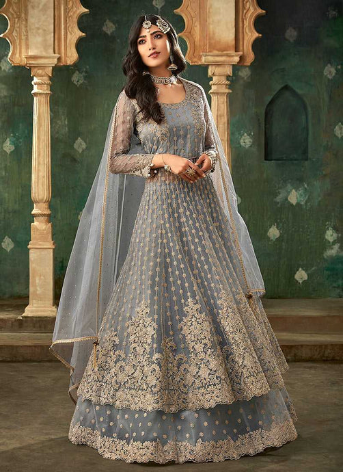 Grey and Gold Embroidered Lehenga fashionandstylish.myshopify.com