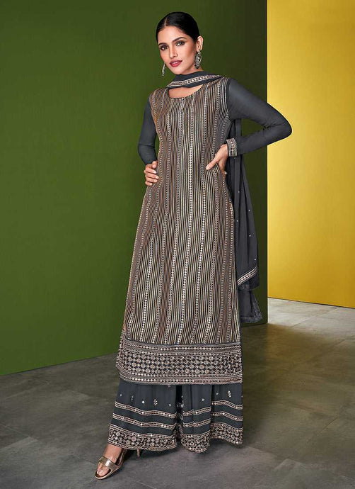 Grey and Gold Embroidered Palazzo Style Suit fashionandstylish.myshopify.com