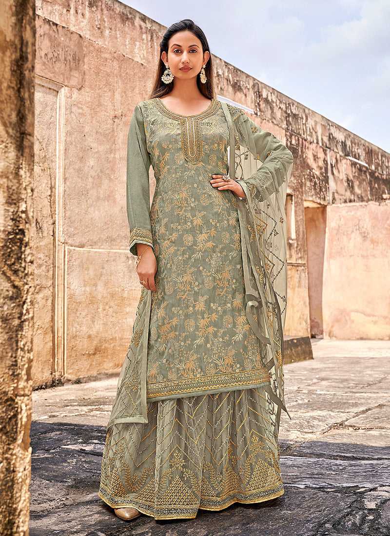 Grey and Gold Heavy Embroidered Designer Palazzo Style Suit fashionandstylish.myshopify.com
