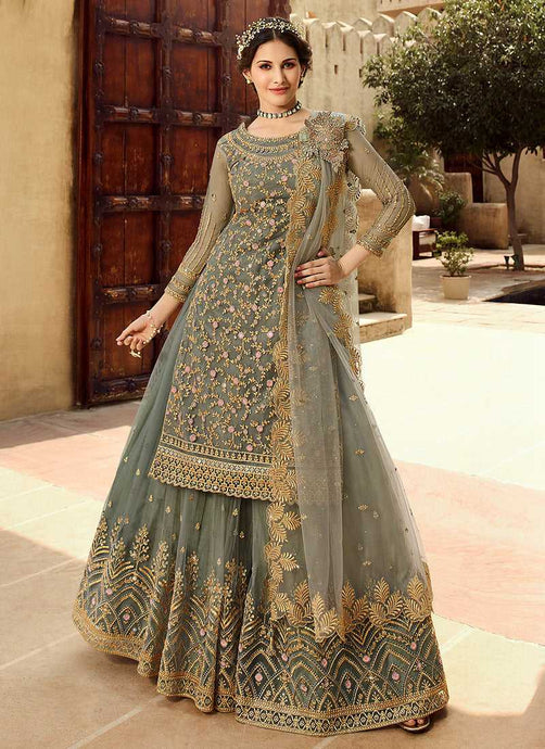 Grey and Gold Heavy Embroidered Lehenga fashionandstylish.myshopify.com