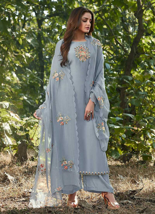 Greyish Blue Embroidered Straight Pant Style Suit fashionandstylish.myshopify.com