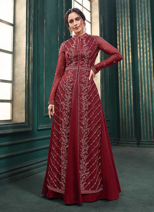 Hot Red Heavy Embroidered Slit Style Anarkali Suit fashionandstylish.myshopify.com