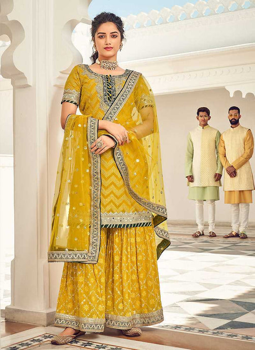 Lemon Yellow and Gold Embroidered Sharara Style Suit fashionandstylish.myshopify.com