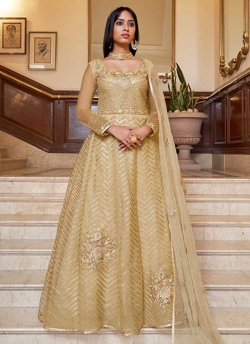 Light Beige Floral Designer Embroidered Kalidar Anarkali fashionandstylish.myshopify.com