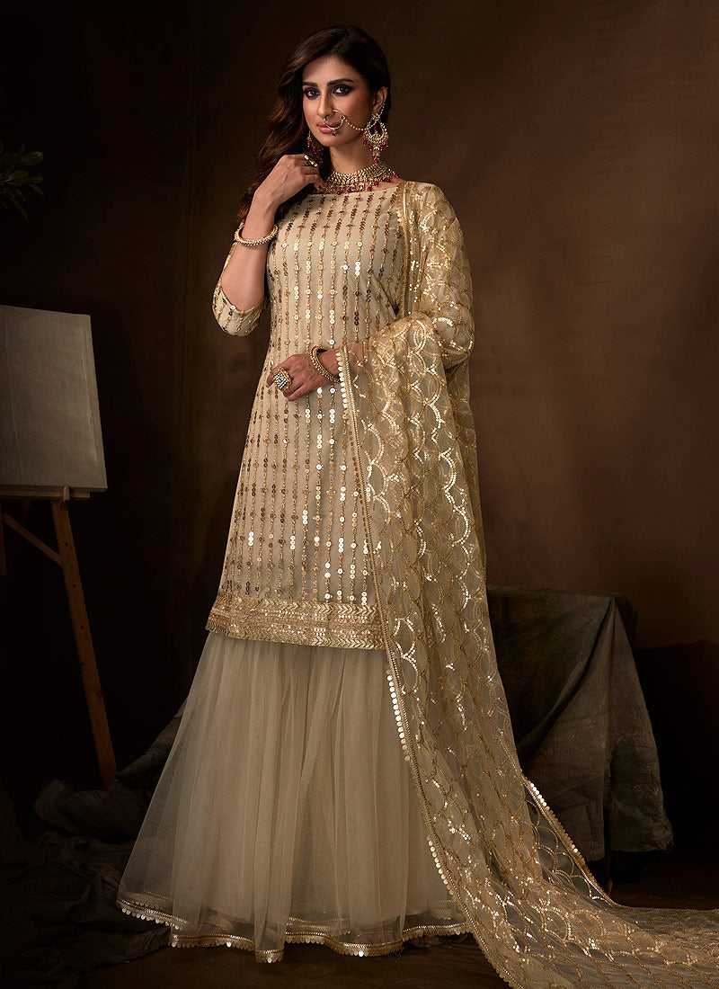 Light Beige Sequins Work Embroidered Gharara Style Suit – Fashneo
