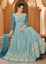 Load image into Gallery viewer, Light Blue Floral Embroidered Kalidar Anarkali

