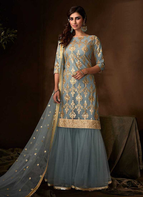 Light Blue Sequins Work Embroidered Gharara Style Suit fashionandstylish.myshopify.com