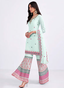 Light Blue and Pink Embroidered Gharara Suit