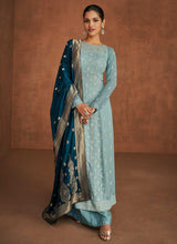 Load image into Gallery viewer, Light Blue and Teal Lucknowi Embroidered Sharara Suit fashionandstylish.myshopify.com
