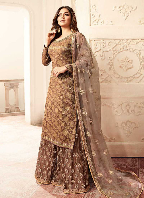 Light Brown and Gold Embroidered Sharara Style Suit fashionandstylish.myshopify.com