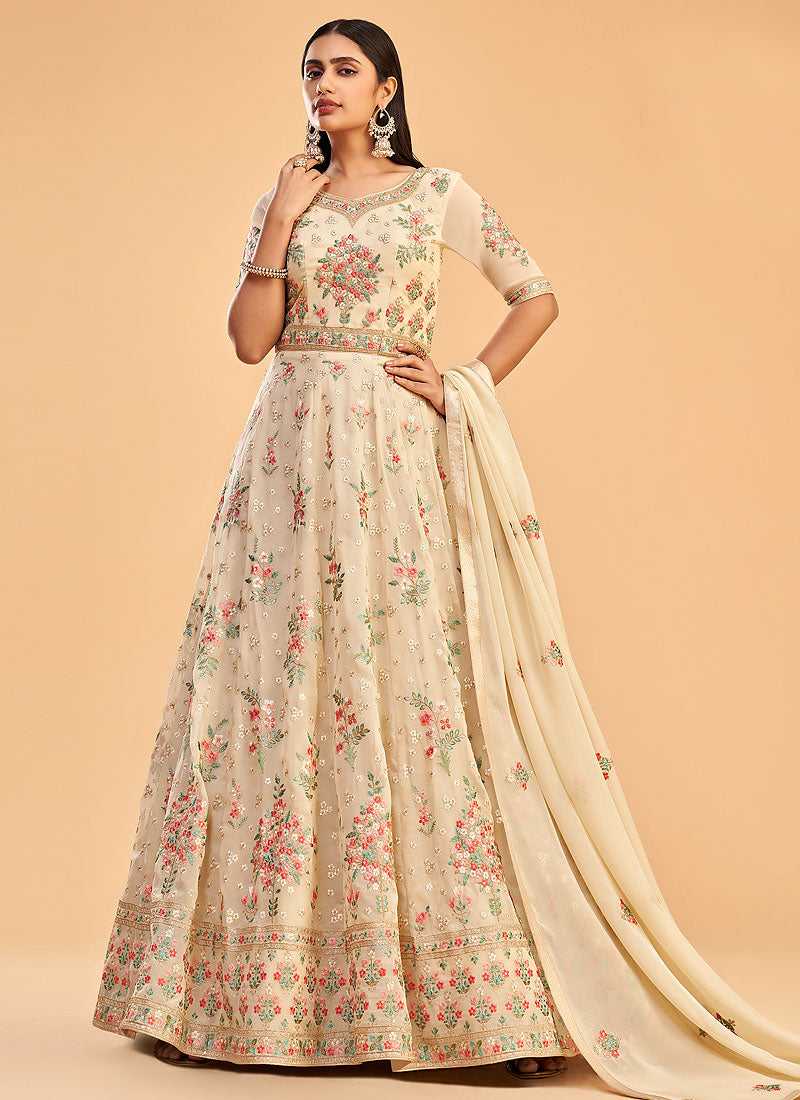 Light Golden Floral Embroidered Designer Kalidar Anarkali