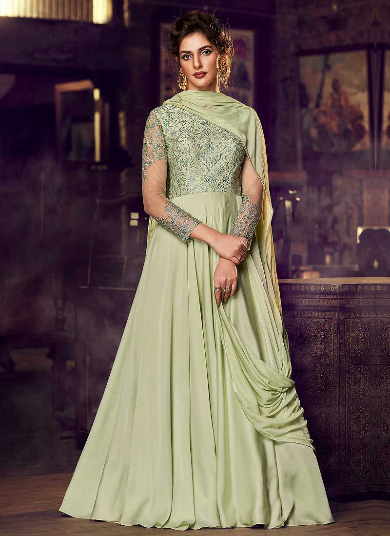 Light Green Embroidered Anarkali Style Gown Fashneo Light Green Embroidered Anarkali Style Gown Fashneo
