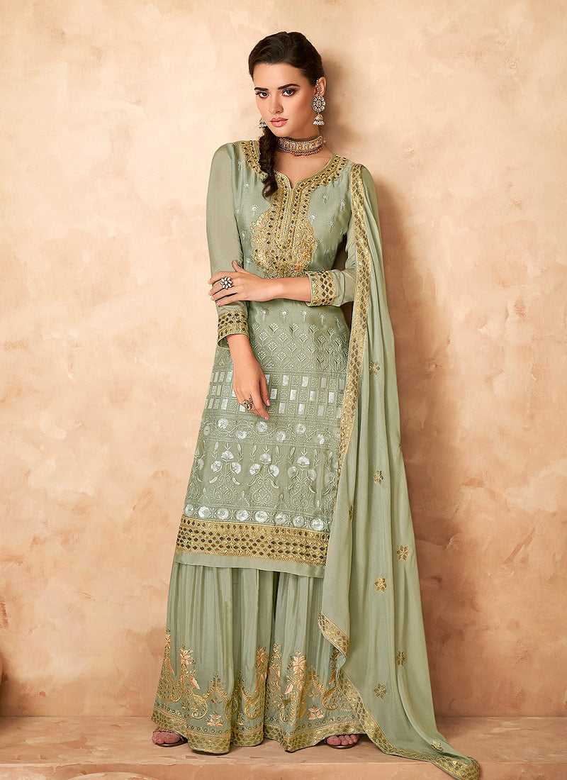 Light Green Embroidered Designer Sharara Style Suit Light Green / Stone / Georgette