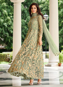 Light Green Floral Designer Embroidered Kalidar Anarkali