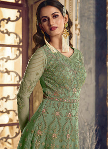 Light Green Floral Heavy Embroidered Gown Style Anarkali