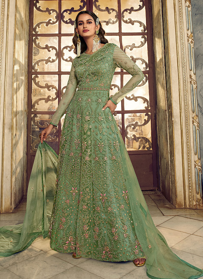 Light Green Floral Heavy Embroidered Gown Style Anarkali - India Clothing Green / Zari / Net