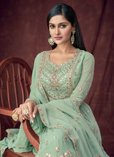 Load image into Gallery viewer, Light Green and Gold Embroidered Anarkali Style Lehenga fashionandstylish.myshopify.com
