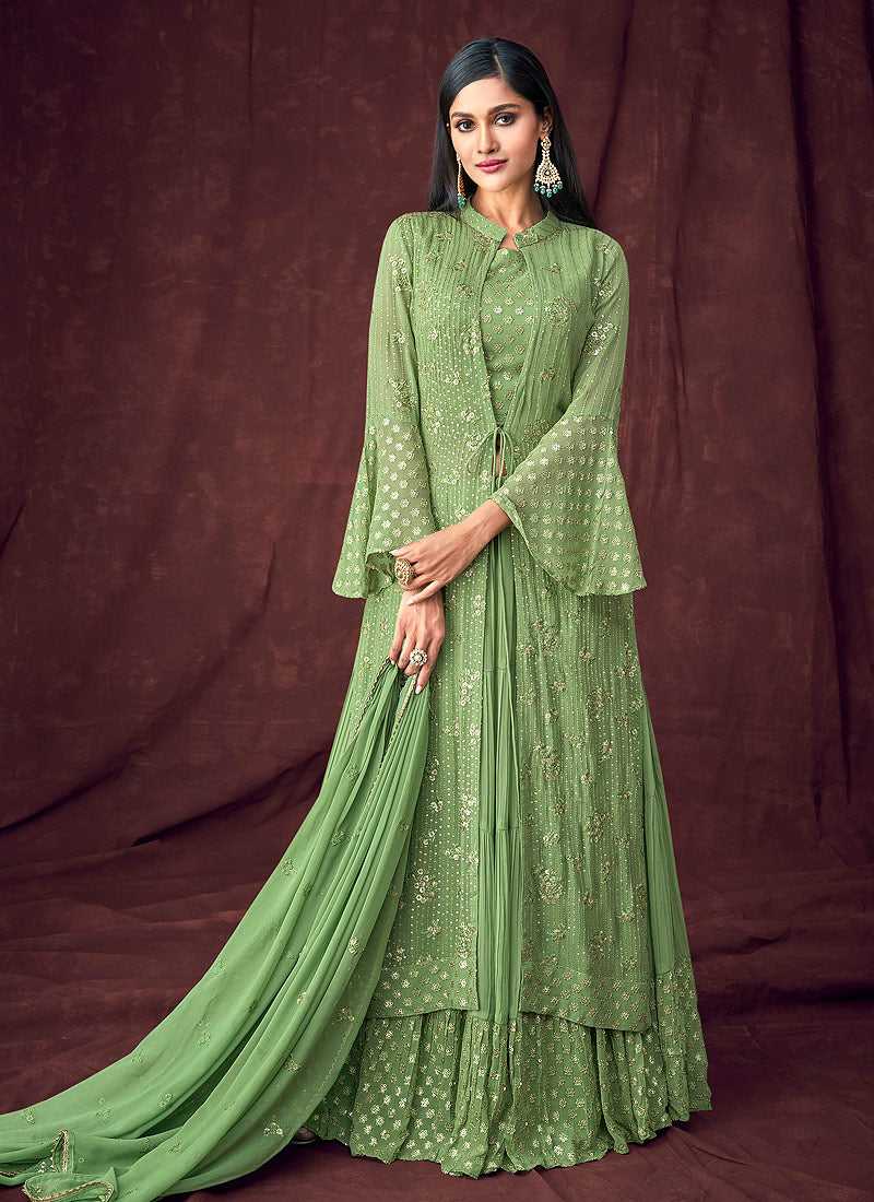 Light Green and Gold Embroidered Jacket Style Lehenga – Fashneo