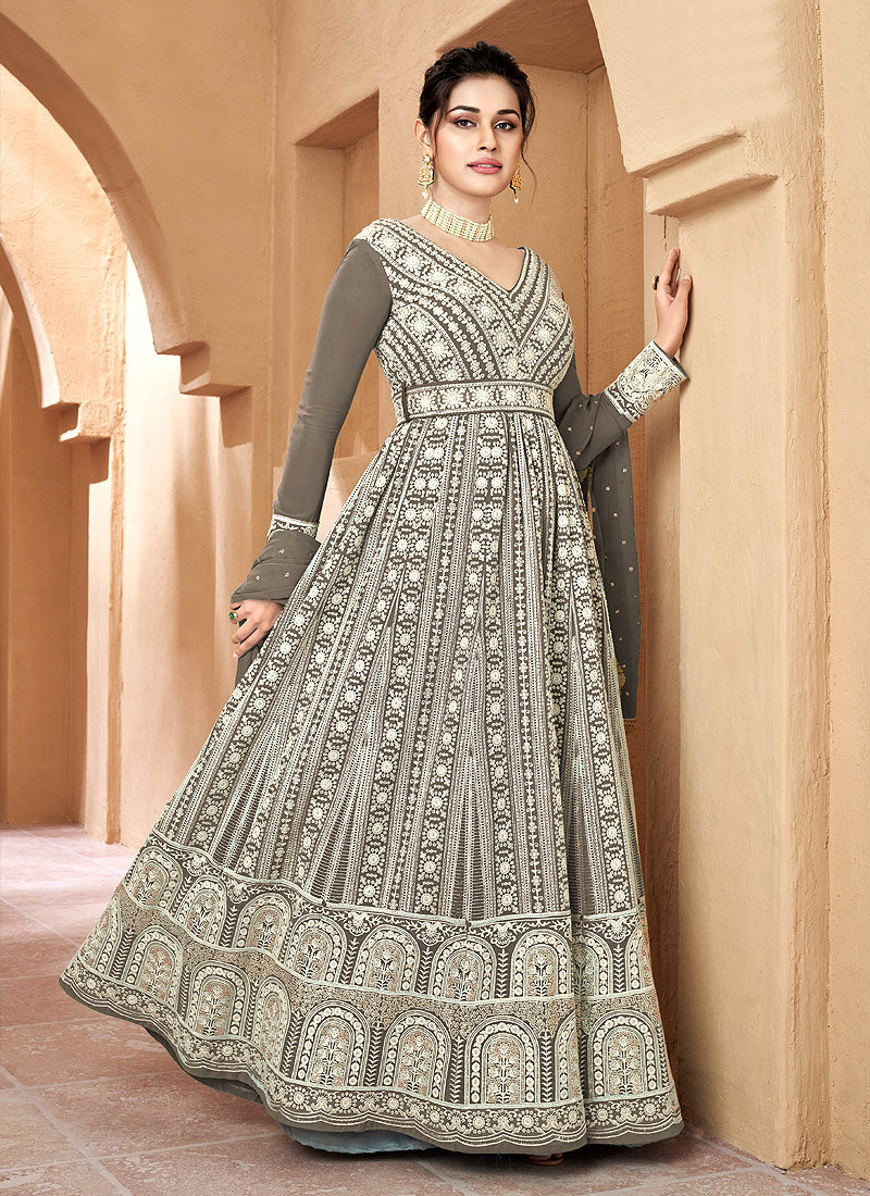 Light Grey Floral Embroidered Kalidar Anarkali
