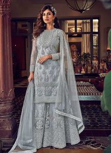 Light Grey Heavy Embroidered Sharara Style Suit fashionandstylish.myshopify.com