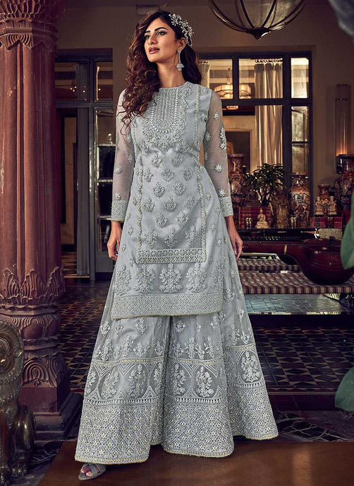 Light Grey Heavy Embroidered Sharara Style Suit fashionandstylish.myshopify.com