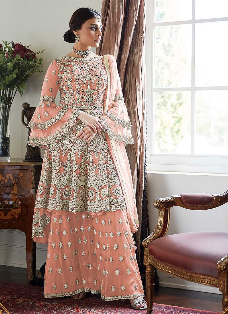 Light Peach Heavy Embroidered Sharara Style Suit fashionandstylish.myshopify.com