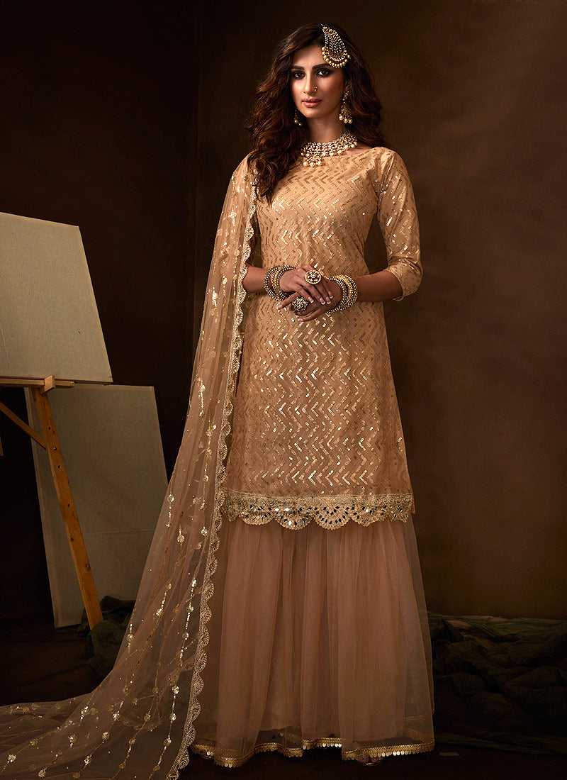 Light Peach Sequins Work Embroidered Gharara Style Suit fashionandstylish.myshopify.com