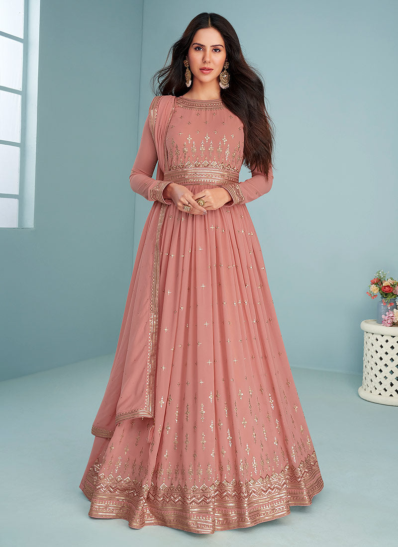Light Pink Sequins Embroidered Kalidar Anarkali