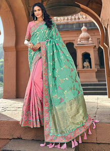 Light Pink and Green Embroidered Bollywood Style Saree fashionandstylish.myshopify.com
