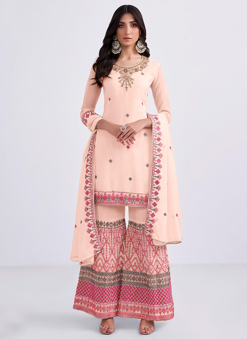 Light Pink and Peach Embroidered Gharara Suit