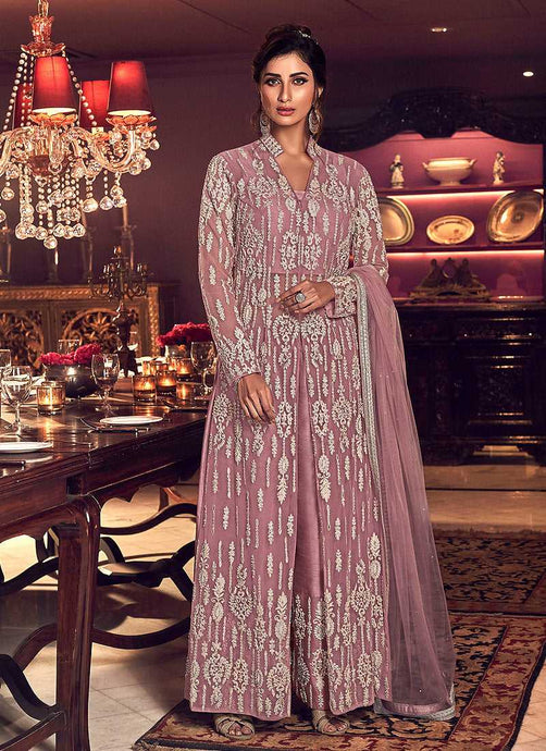 Light Purple Heavy Embroidered High Slit Palazzo Style Suit fashionandstylish.myshopify.com