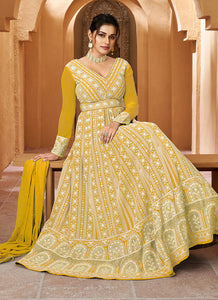 Light Yellow Floral Embroidered Kalidar Anarkali