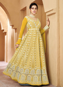 Light Yellow Floral Embroidered Kalidar Anarkali