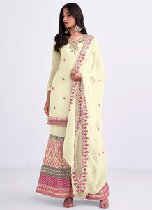 Light Yellow and Pink Embroidered Gharara Suit