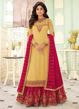 Load image into Gallery viewer, Light Yellow and Pink Embroidered Lehenga Style Anarkali Suit fashionandstylish.myshopify.com
