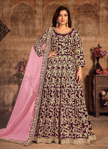 Magenta Heavy Embroidered Designer Velvet Anarkali Suit fashionandstylish.myshopify.com
