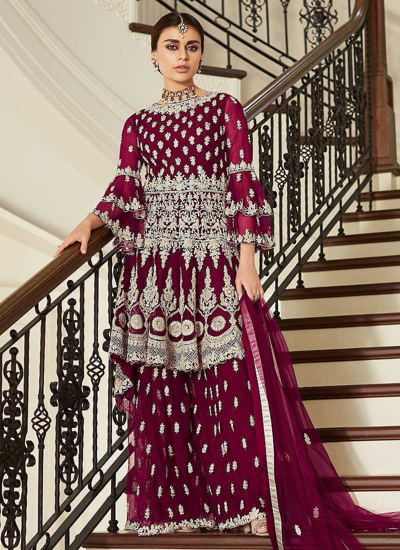 Magenta Pink Heavy Embroidered Sharara Style Suit fashionandstylish.myshopify.com