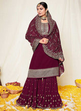 Load image into Gallery viewer, Magenta and Gold Embroidered Gharara Suit fashionandstylish.myshopify.com
