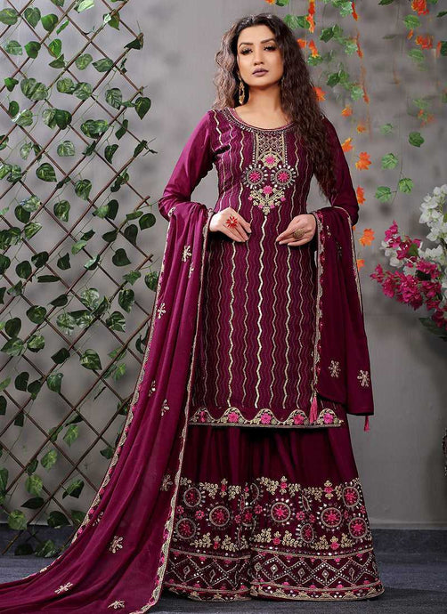 Magenta and Gold Embroidered Stylish Palazzo Suit fashionandstylish.myshopify.com