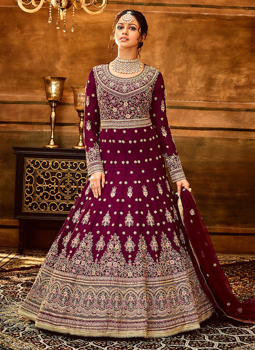 Magenta and Gold Heavy Embroidered Anarkali Suit