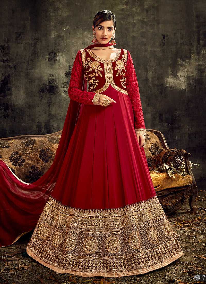 Maroon Embroidered Kalidar Anarkali Style Suit