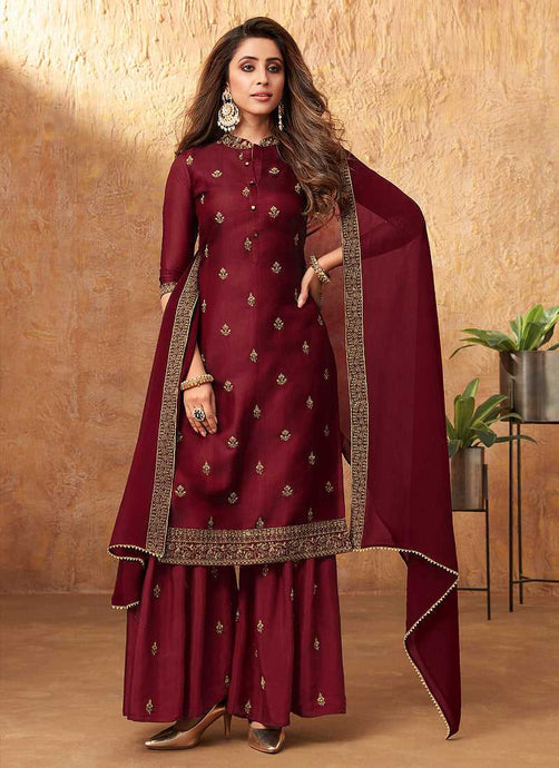 Maroon Embroidered Silk Palazzo Style Suit fashionandstylish.myshopify.com