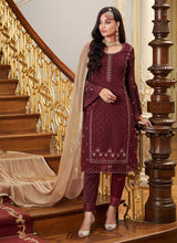 Load image into Gallery viewer, Maroon Embroidered Straight Pant Style Suit fashionandstylish.myshopify.com
