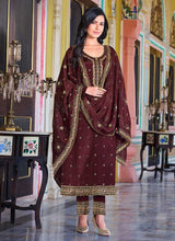 Load image into Gallery viewer, Maroon Embroidered Stylish Straight Pant Suit fashionandstylish.myshopify.com
