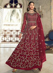 Maroon Floral Heavy Embroidered Gown Style Anarkali