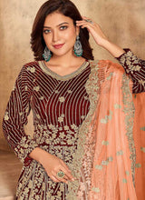 Load image into Gallery viewer, Maroon Heavy Embroidered Kalidar Velvet Anarkali Suit fashionandstylish.myshopify.com
